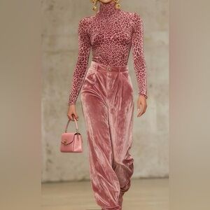 Set of High-Waist Velvet Wide-Leg Pants in Dusty Rose and printed blouse